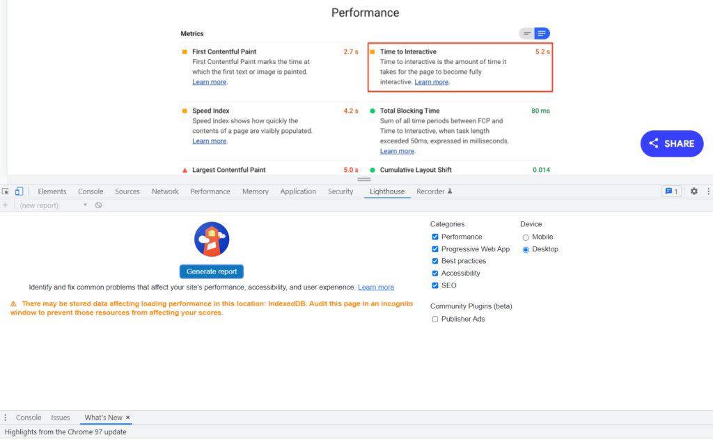 Check Web Vitals on Lighthouse