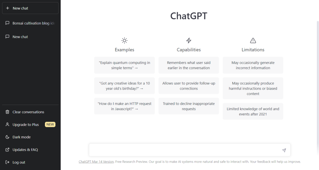 Free ChatGPT welcome screen 2023