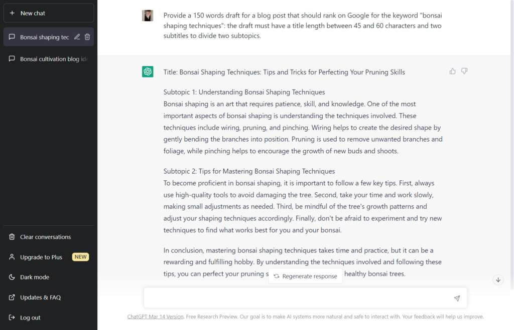 Simple ChatGPT prompt for SEO copywriting drafts